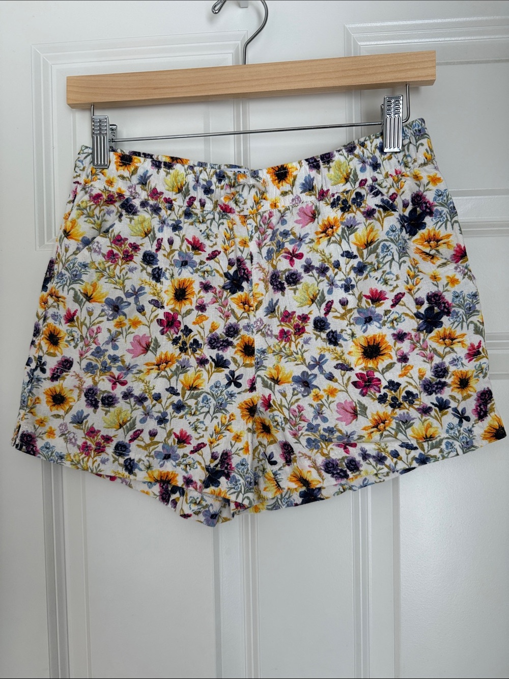 Girls Floral Cotton Blend Shorts — White with Yellow & Purple Floral Print